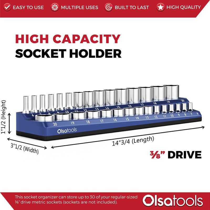 Olsa Tools Magnetic Socket Holder | 3/8-inch Drive | Metric | Blue | Holds 30 Sockets | Professional Quality Tools Organizer - Image 3